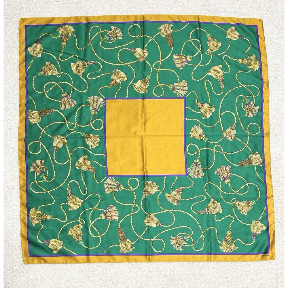 Vintage Emeraude Gold Purple Green Scarf Or Wrap Large 31” Square Satin Italy